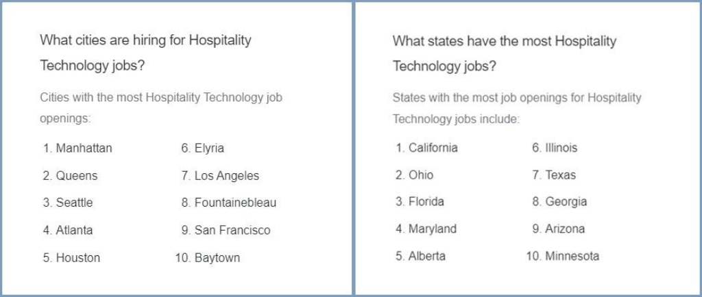 list of cities hiring for hospitality tech jobs