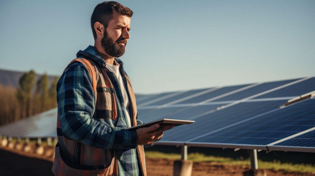 male IT worker supervising solar panels