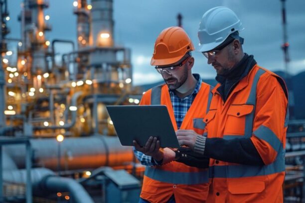 two engineers at a plant monitoring performance on a tablet