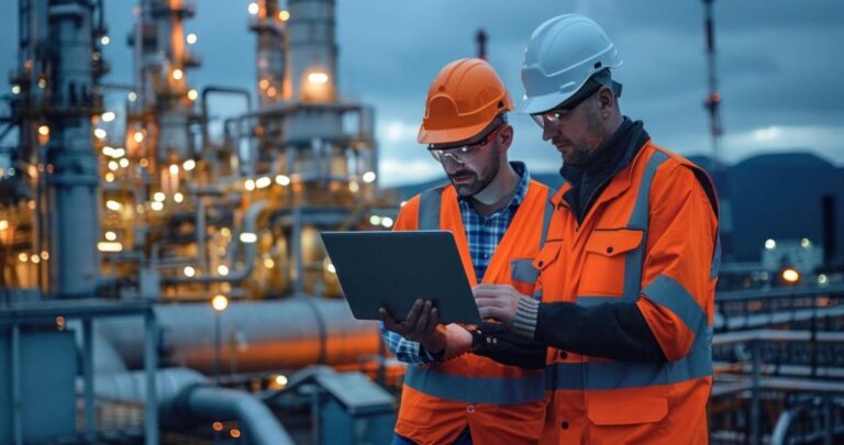 two engineers at a plant monitoring performance on a tablet