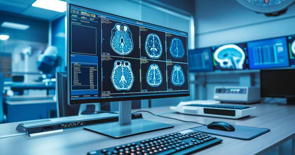 computer screens with medical scans of a brain