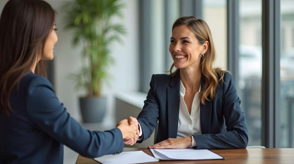 two young women in a teach interview shaking hands