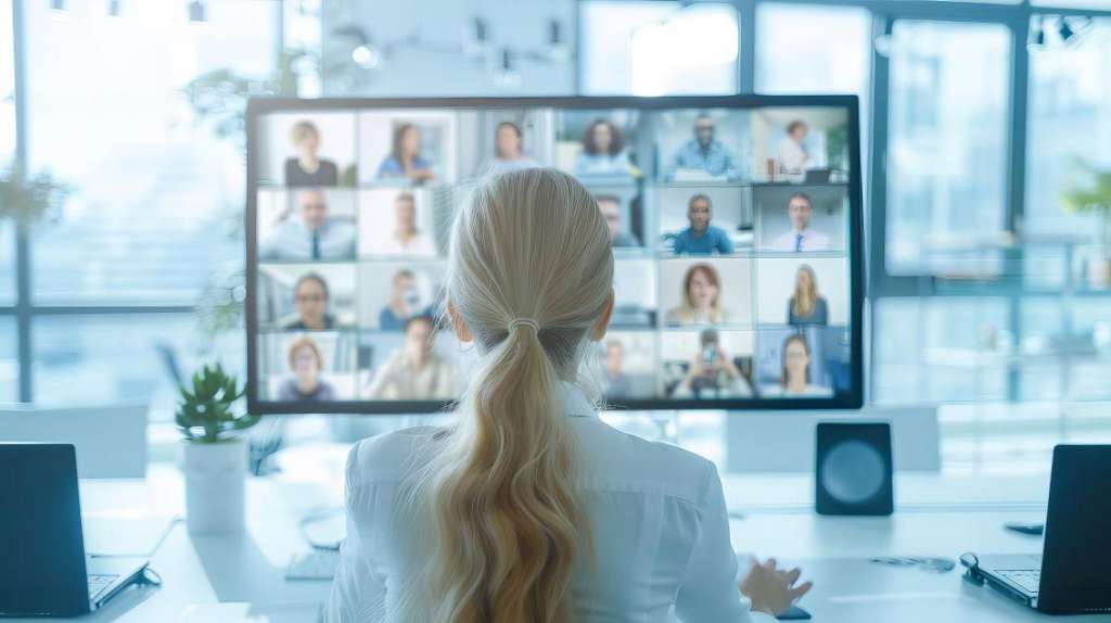 young blonde woman having a video chat with her work team