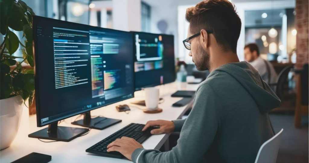 young man working on a computer in an office