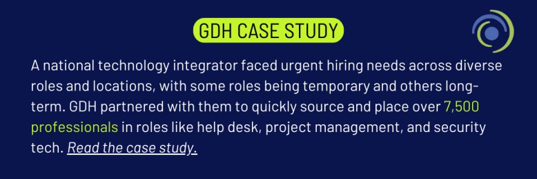 GDH case study headline with hiring statistics and circular logo on dark blue