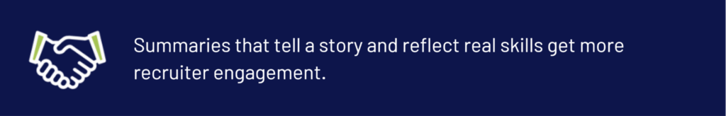 Banner with handshake icon stating summaries with skills boost recruiter engagement