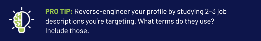 Pro tip banner with lightbulb icon advising to study job descriptions for profile terms