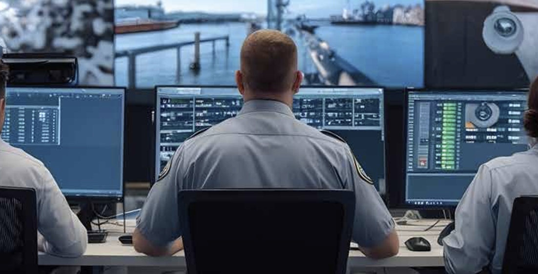 Security operators monitoring CCTV surveillance feeds at control desk