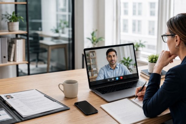Interviewer conducting a video call interview with a candidate.