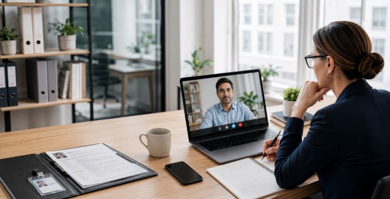 Interviewer conducting a video call interview with a candidate.