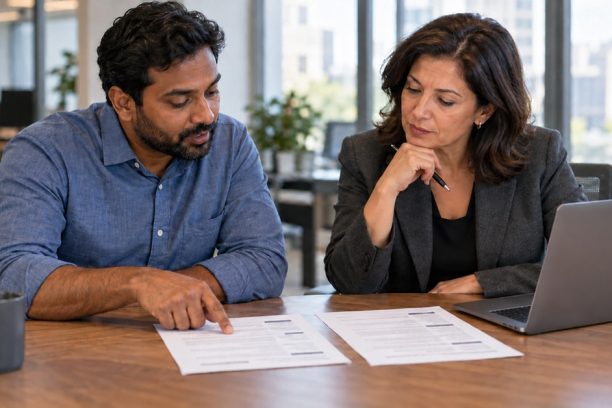 Two hiring managers review printed job descriptions at an office table