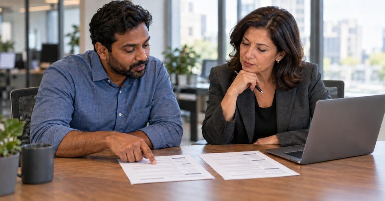 Two hiring managers review printed job descriptions at an office table