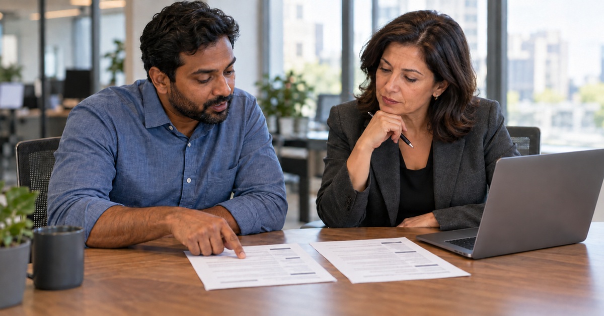 Two hiring managers review printed job descriptions at an office table