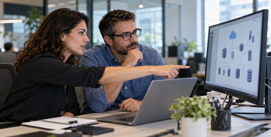 Two IT professionals review a cloud network architecture diagram on a monitor